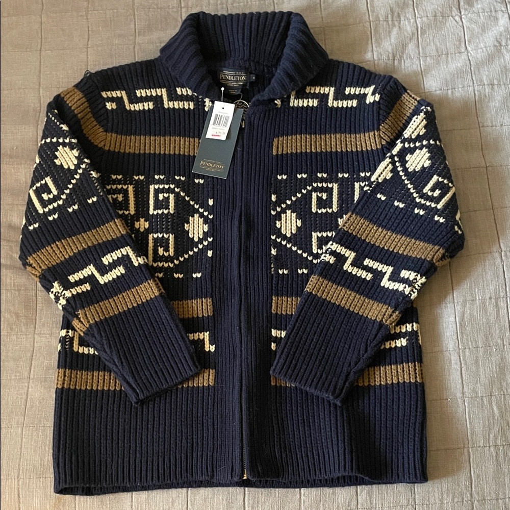 Pendleton Men's Zip Up Sweater in Navy and Tan